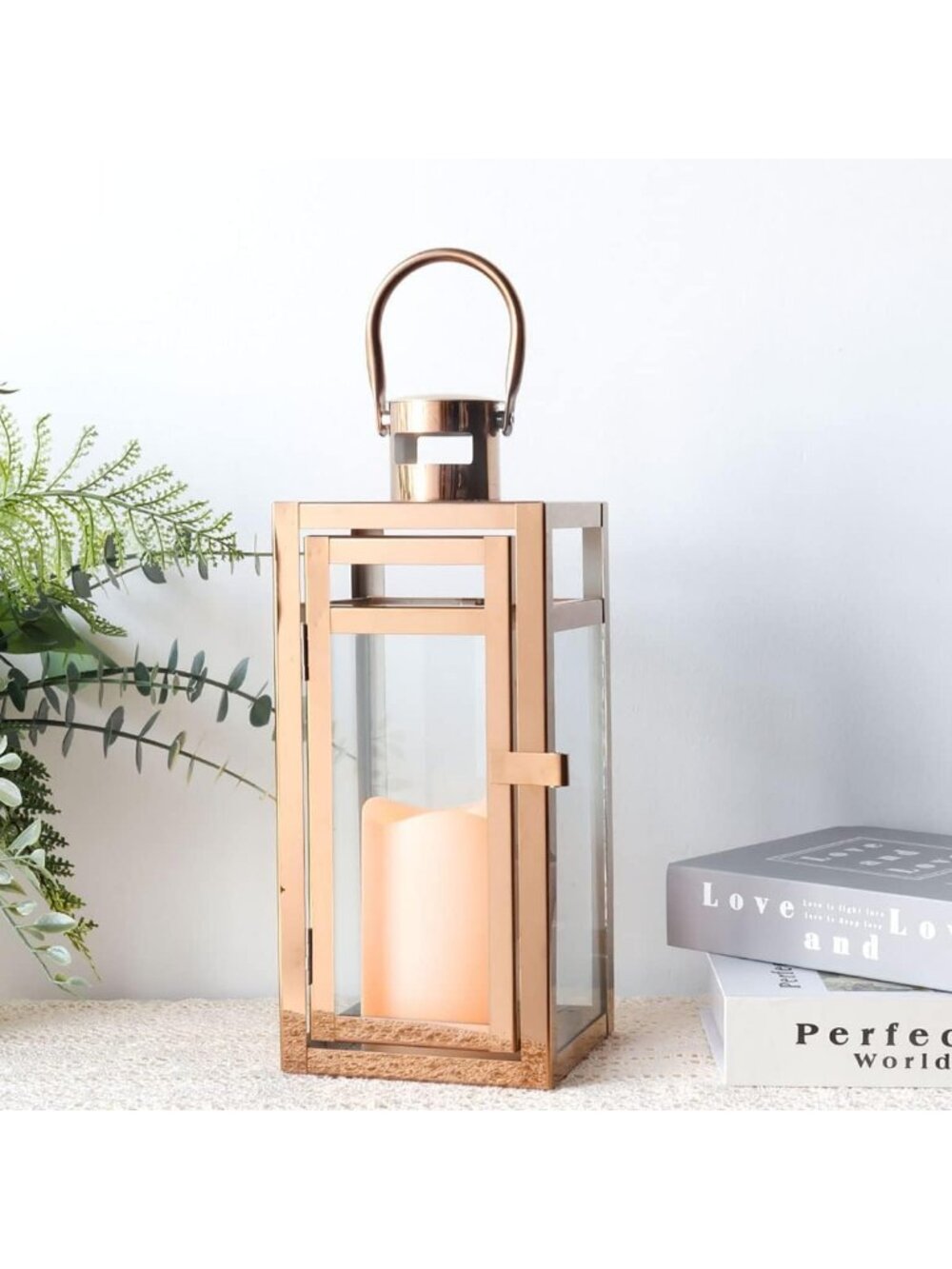 New Rose Gold 12 Inch Stainless Steel Metal Candle Lantern Glass Panel Decor - Picture 4 of 6